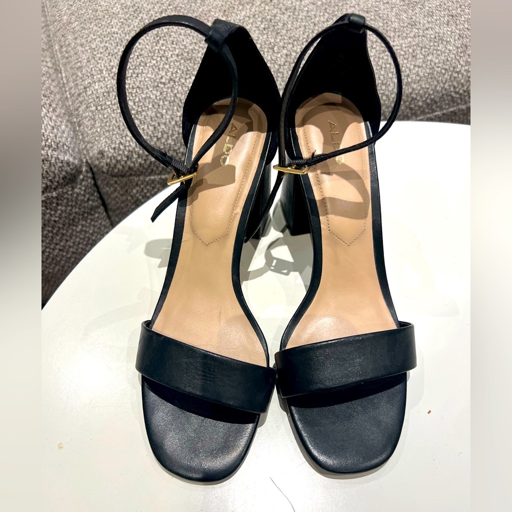 Aldo Black Leather Ankle Strap Block Heel Sandals
